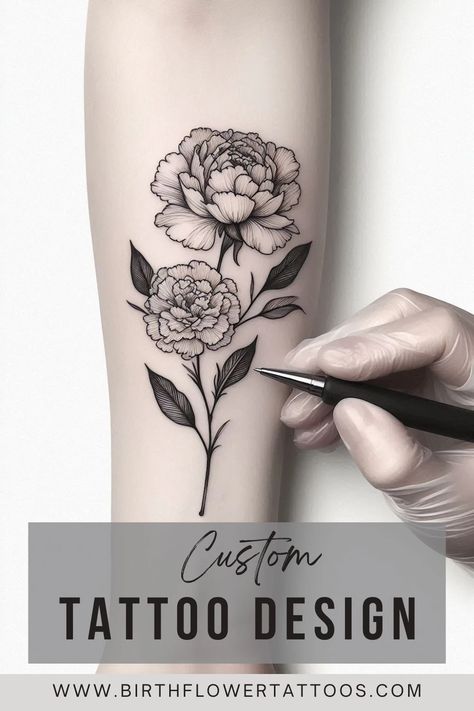 🌸✨Carnation and Peony Flower Tattoo | Minimalistic January & November Birth Flower Design✨🌹 January And May Birth Flower Tattoo, Daisy And Carnation Tattoo, Carnation Tattoo Sleeve, Carnation And Snowdrop Tattoo, Carnation And Snowdrop Flower Tattoo, Carnation Tattoo Design, Carnation Flower Tattoo Design, Medium Tattoos For Women, January Flower Tattoo