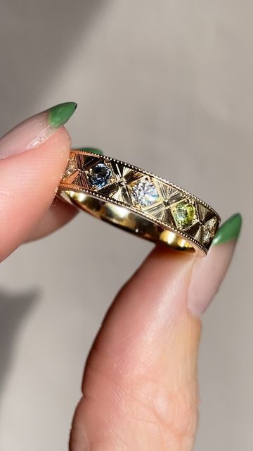 Kindred Lubeck ✦ Artifex Fine Jewelry on Instagram: "I can’t wait to tell you the significance of the color scheme behind my latest custom wedding band. ‌ But here’s a hint: 🦔 ‌ #weddingrings #uniqueweddingrings #handengravedweddingring #handengravedjewelry" Artifex Fine Jewelry, Colorful Wedding Band, Kindred Lubeck, Art Nouveau Wedding Band, Promise Ring Ideas, Unique Gold Wedding Bands, Mixed Metals Wedding, Unique Wedding Bands For Women, Hand Engraved Jewelry