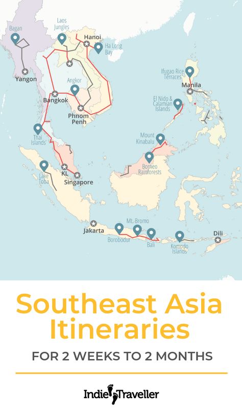 Southeast Asia Itineraries & Backpacking Routes (Ultimate Guide!) • Indie Traveller Southeast Asia Itinerary, Asia Itinerary, South East Asia Backpacking, Asia Travel Outfit, Travel Bingo, Backpacking Routes, Backpacking Asia, Travel Route, Travel Destinations Asia