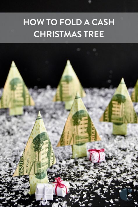 Learn how to make a money tree by folding a dollar bill! Make this Christmas Money Tree with our step by step instructions. #["paper-folding", "origami", "greeting-card", "paper", "Papercrafting", "crafting", "Curbly-Original", "DIY", "christmas-tree", "gift", "Craft"] How To Fold Money Into Trees, Money Trees Ideas, How To Fold Money Into A Christmas Tree Dollar Bills, How To Fold Money To Make A Christmas Tree, How To Fold Money Into Shapes, Oragami Christmas Trees Easy, How To Fold Dollar Bills Into Shapes, How To Fold Money For Gifts, Folding Dollar Bills Easy Step By Step