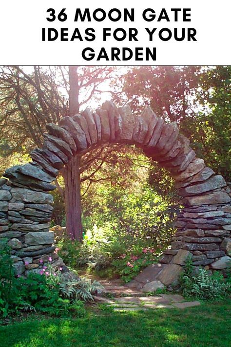 If you're doing some landscape design for your garden, here are some magical moon gate ideas to create an enchanting space. #moongates #landscaping #landscapedesign #witchgarden Moon Garden Gate, Outdoor Altar Witch Garden, Creative Backyard Ideas Landscapes, Moon Door Garden Diy, Witchy Garden Design, Themed Garden Ideas, Stone Moon Gate, Secret Garden Ideas Diy Small Spaces, Garden Moon Gate Diy