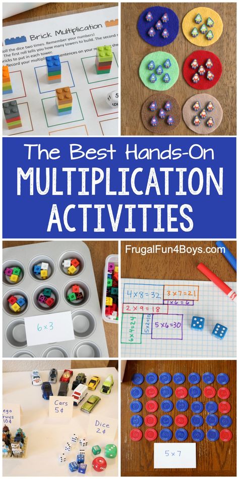 Hands-on multiplication activities. These fun math activities use simple supplies such as dice, muffin pans, markers, poker chips, LEGO bricks, and more. Lots of math inspiration! #kidsactivities #math #matheducation #secondgrade #thirdgrade #handsonmath Multiplication Activities, Teaching Multiplication, Multiplication Games, Fun Math Activities, Math Intervention, Math Multiplication, Math Time, Times Tables, Third Grade Math