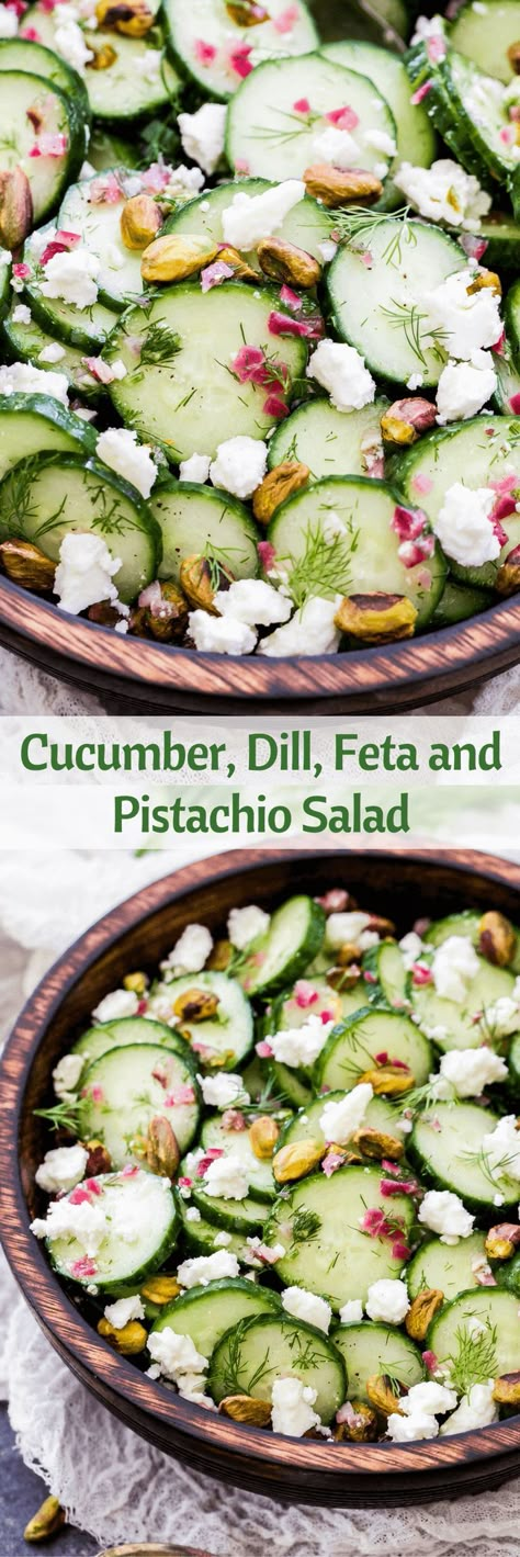 Say hello to your new favorite, refreshing salad - Cucumber, Dill, Feta and Pistachio Salad! Crisp cucumbers, fresh dill, salty feta and crunch pistachios are the perfect combination of flavors. You'll be making this all summer long! Easy Spring Recipes, Pistachio Salad, Cucumber Dill, Spring Recipe, Simple Vinaigrette, Salad Healthy, Refreshing Salad, Apple Salad, Salad Pasta