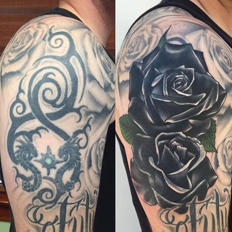 Non Rose Flower Tattoo, Black Rose Cover Up Tattoo, Blacked Out Tattoo Cover Up, Big Cover Up Tattoos, Cover Up Tattoos For Men, Black Rose Tattoo, Tattoos Behind Ear, Best Cover Up Tattoos, Black Tattoo Cover Up