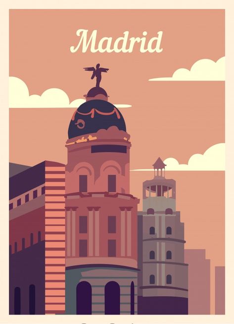 Retro poster madrid city skyline. Premiu... | Premium Vector #Freepik #vector #travel #city #building #tourism Portugal Pictures, Life In Spain, City Posters, Madrid City, Europe City, Spain And Portugal, Travel Inspired, Vintage Travel Posters, City Skyline