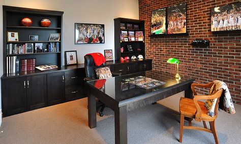 Sports Office Decor Ideas, Sports Themed Office, Sports Office Decor, Man Cave Office Ideas, Mancave Office, Sports Theme Decor, Millersburg Ohio, Home Office Design On A Budget, Guest Bedroom Home Office