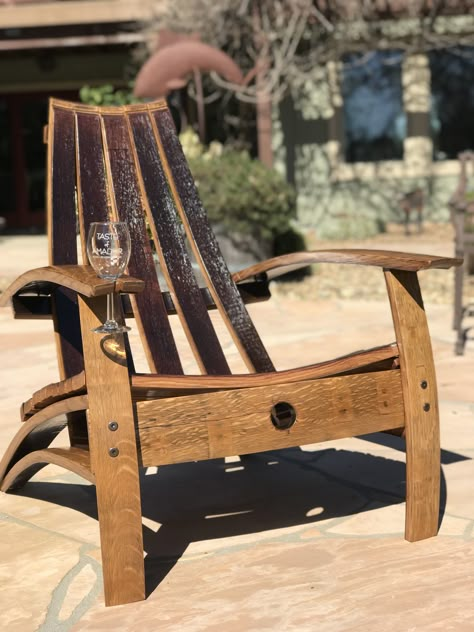 One Barrel one Chair. Thanks for all the inspiration! Cracker Barrel Rocking Chair, Diy Wine Barrel, Wine Barrel Chairs, Wine Barrel Crafts, Barrel Crafts, Adirondack Chairs Diy, Wine Barrel Ideas, Rustic Chairs, Diy Deck Furniture