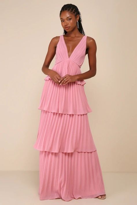 Mesmerizing Essence Pink Pleated Backless Tiered Maxi Dress | Lulus Pink Tiered Maxi Dress, Pink Striped Dress, Fashion Widgets, Fun Bridesmaid Dresses, Dark Pink Maxi Dress, Knot Tie Dress, Backless Gown, Prom Inspo, Bridesmaid Ideas