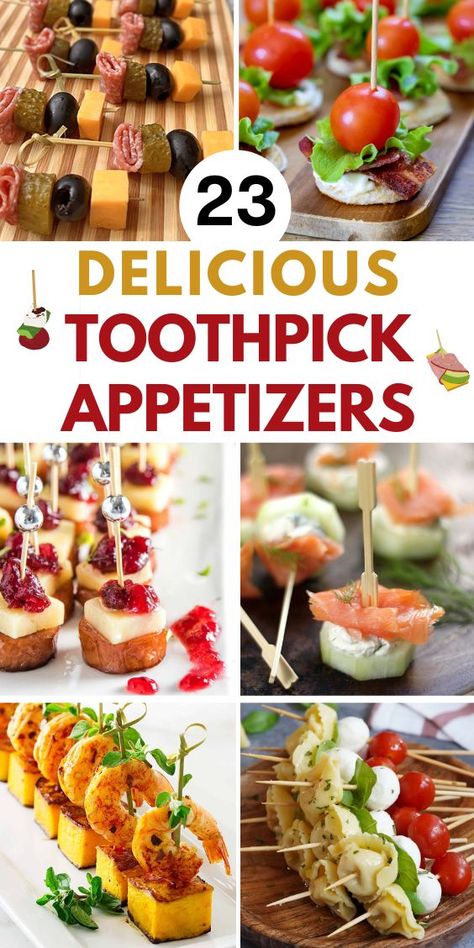 23 Easy Toothpick Appetizers and six photos of different party finger food: blt, cranberry bites, salmon bites, shrimp bites, tortellini caprese, pickles and ham Snacks On Toothpicks, Tiny Bites Appetizers, Party Finger Foods Cold, Appetizer On Toothpick, Fun Easy Appetizers Finger Foods, Appetizers Easy Finger Food Appetizer Recipes Simple, Appetizer Recipes Toothpick, Toothpick Finger Foods, Cold Appetizer Recipes Finger Foods