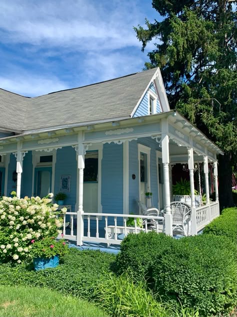 Light Blue Cottage, Cottagecore Aesthetic House, Aesthetic House Exterior, North Carolina Beach House, Alex Bailey, Light Blue Houses, Blue Cottagecore, Coastal Cottagecore, Blue Beach House