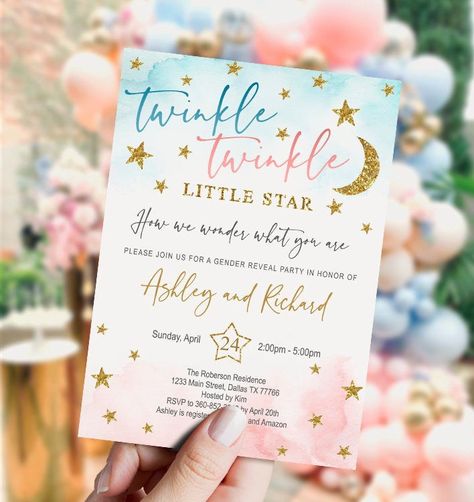 Twinkle Twinkle Gender Reveal, Unique Gender Reveal Party Ideas, Star Gender Reveal, Gender Reveal Diy, Gender Reveal Invitations Template, Gender Reveal Baby Shower Themes, Baby Gender Reveal Party Decorations, Pregnancy Gender Reveal, Star Baby Shower Invitations