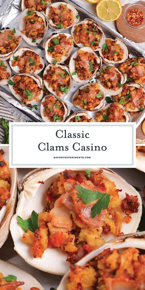 This classic Clams Casino recipe combines clams, crispy bacon, a buttery stuffing, and bright bell peppers for a crowd-pleasing appetizer! Clam Casino, Clams Casino Recipe, Diy Appetizers, Simple Seafood Recipes, Crab Linguine, Clams Casino, Honey Mustard Salmon, Lobster Dishes, Mustard Salmon