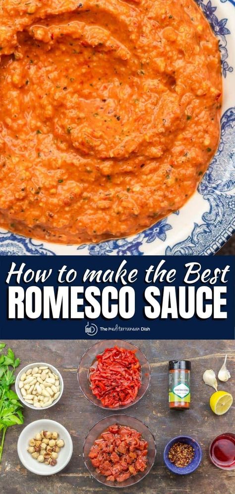 Mediterranean Cooking, Mediterranean Foods, Bathroom Upstairs, Romesco Sauce Recipe, Roasted Red Pepper Sauce, Romesco Sauce, Interesting Recipes, Mediterranean Food, Fire Roasted Tomatoes