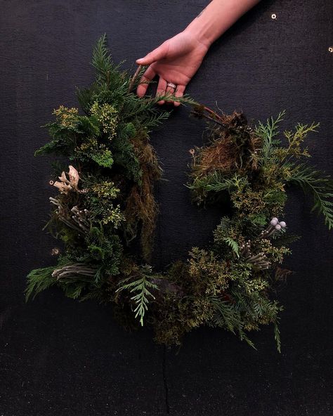 Mackie on Instagram: “Moody-ass swamp wreath” Moody Fall Wreath, Goth Door Decor, Moody Spring Decor, Moody Wreath, Misty Forest Aesthetic, Swamp Party, After Christmas Decor, Front Door Plants, Green Front Doors