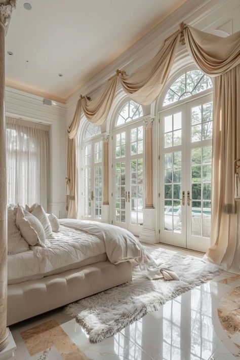 Elegant Mansion Interiors, Floor To Ceiling Bedroom Windows, Old Money House Bedroom, Old Money Master Room, Luxury Home Interior, Luxury Mansions Interior, Curtain Clips, Dream House Rooms, Mansion Interior