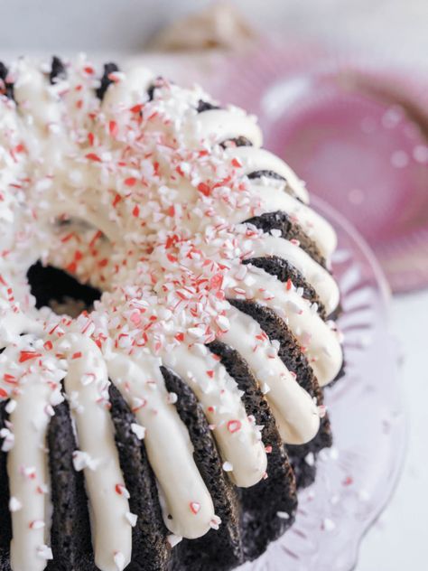 Easy Dark Chocolate Peppermint Bundt Cake Recipe - Cake Babe Peppermint Christmas Cake, Chocolate Peppermint Bundt Cake, Peppermint Bundt Cake, Christmas Bundt Cake, Chocolate Peppermint Cake, Peppermint Cake, Crushed Peppermint, Christmas Bakes, Xmas Cakes