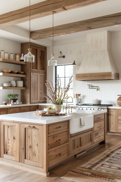 Get inspired by rustic farmhouse kitchen decor ideas that are perfect for open kitchens, blending rustic and modern elements seamlessly. 🏡✨ Wooden Kitchens Modern, Interior Design Farmhouse Rustic, Cozy Kitchen Interior, Kitchen Design Modern Farmhouse, Rustic Modern Kitchen Cabinets, Ranch Farmhouse Decor, Modern Cottage Kitchen Ideas, Ranch Style Kitchen Ideas, Country Style Kitchen Farmhouse