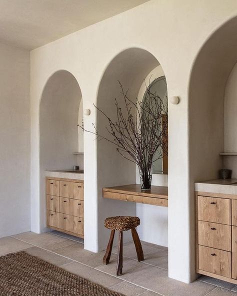 Bathroom featueres a rustic tripod wood and seagrass stool at a makeup vanity nook with wooden drawers. Makeup Vanity Nook, Makeup Vanity Area, Rustic Cottage Kitchens, Vanity Nook, Wood Twin Bed, Ottoman Sofa Bed, Pure Salt Interiors, Cottage Kitchen Design, Rustic Bath