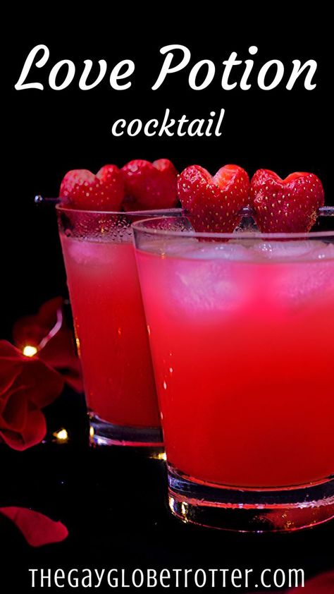 This love potion cocktail is a deliciously sweet drink that is the perfect Valentines Day drink. Serve these alcoholic drinks with some strawberry hearts for the perfect drink! #gayglobetrotter #lovepotion #lovepotiondrink #lovepotioncocktail #lovecocktail #valentinesday via @gayglobetrotter Simple Valentines Day Cocktails, Alcoholic Valentines Drinks, Valentines Day Punch Alcohol, Nursing Themed Alcoholic Drinks, Valentine Drinks Alcoholic Tequila, Bar Drink Specials Ideas, Valentine Cocktails Easy, Valentines Batch Cocktail, Valentines Day Margarita