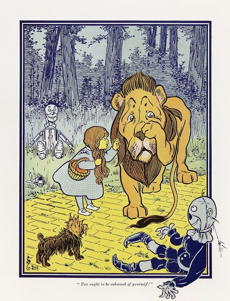 Dorothy meets the Cowardly Lion, from The Wonderful Wizard of Oz first edition (1900) by L. Frank Baum, illustrated by William Denslow's. Original public domain image from Wikimedia Commons. Digitally enhanced by rawpixel. | free image by rawpixel.com Book Themed Birthday Party, Magic Of Oz, Wizard Of Oz Characters, Wizard Of Oz Book, Follow The Yellow Brick Road, William Wallace, Cowardly Lion, Wonderful Wizard Of Oz, Girl Birthday Party Invitations