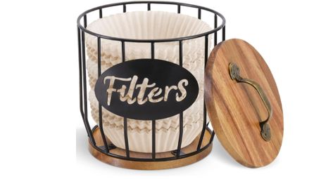 ATTRACTIVE COFFEE FILTER HOLDER - Our coffee filter holder with lid is made of metal and acacia wood, elegant design and practical. The coffee filter dispenser is ideal for most common sizes of filter papers with round basket shape, make it convenient to take the coffee filter. Coffee Filter Storage Ideas, Coffee Filter Storage, Coffee Filters Storage, Coffee Bar Accessories, Coffee Filter Holder, Farmhouse Coffee Bar, Coffee Pod Holder, Reusable Coffee Filter, Coffee Nook