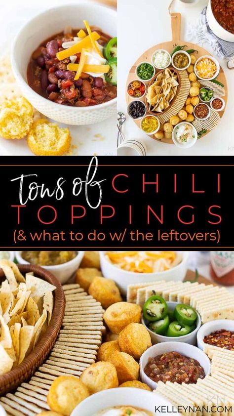 Chili Toppings, Easy Chili Recipe, Chili Board & Recipe- Kelley Nan Chili Toppings Bar Ideas, Chili Toppings Bar, Chilli Toppings, Chili Board, Chili Bar Party, Fall Chili, Chili Party, Chili Dinner, Chili Bar