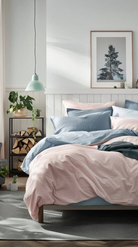 Minimalist bedroom with pastel pink, blue, and grey colors, featuring a gray bed in the center, a wooden log side table royalty free stock photo Pink Gray Blue Bedroom, Pink And Blue Bedding, Pink And Blue Bedroom Ideas, Bedroom Inspirations Blue, Blue And Pink Bedroom, Photo Bedroom, Log Side Table, Gray Bed, Blue Gray Bedroom