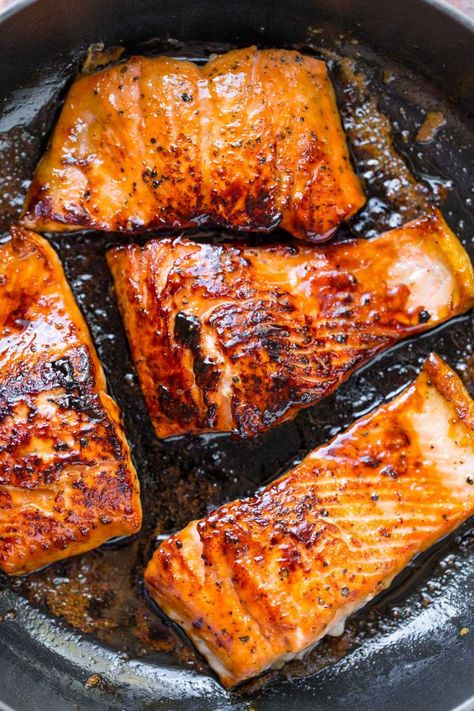 Honey Glazed Salmon Recipe - NatashasKitchen.com Honey Salmon Recipes, Sockeye Salmon Recipes, Fried Salmon Recipes, Salmon Recipe Pan, Honey Glazed Salmon Recipe, Sauteed Salmon, Salmon Recipes Baked, Salmon Recipes Baked Healthy, Honey Glazed Salmon