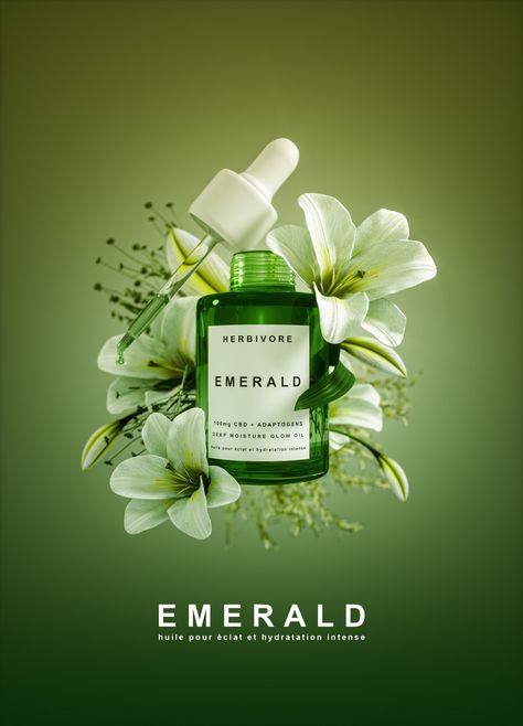 EMERALD CGI VISUALIZATION on Behance Cosmetic Poster Design Advertising, Photoshop Product Design, Cosmetic Advertising Design, Perfume Poster Design Ideas, Cosmetic Graphic Design, New Product Poster, Cosmetic Poster Design, Product Advertising Design, Cosmetics Poster