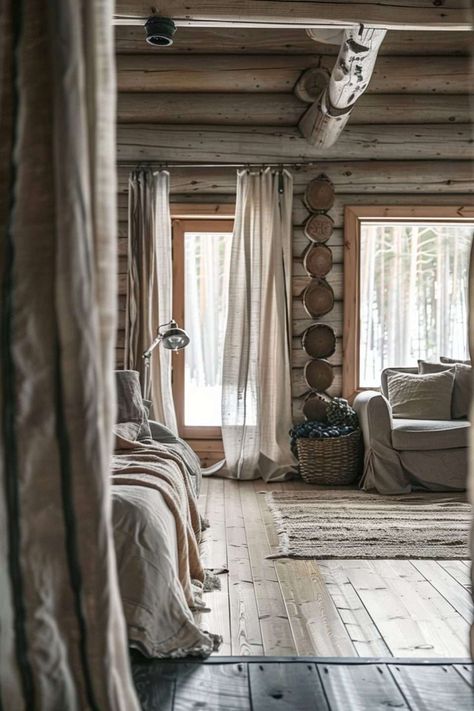 Log Cabin Window Ideas - Enhancing Your Cozy Retreat - Melanie Jade Design Log Home Window Treatments, Log House Window Treatments, Log Cabin Window Treatments Ideas, Log Cabin Curtain Ideas, Log Cabin Windows, Cabin Curtain Ideas, Log Cabin Curtains, Rustic Curtain Ideas, Cabin Window Treatments