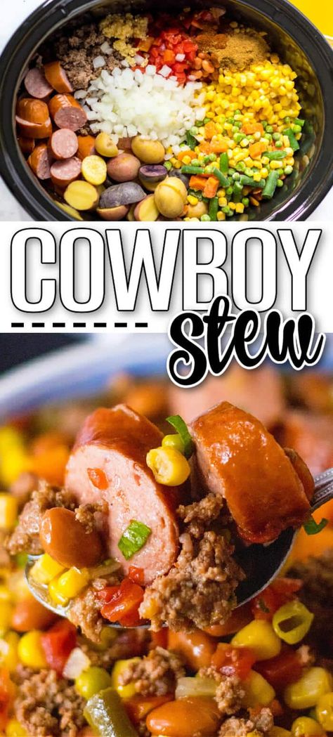 Cowboy Stew In Crockpot, Southern Style Cowboy Stew, Cowboy Soup Crockpot Ground Beef, Cowboy Crockpot Recipes, Cowboy Stew Recipe Ground Beef Easy, Texas Cowboy Stew Recipe Crockpot, Cowboy Stew Crockpot Crock Pot, Witches Brew Stew Crock Pot, Slow Cooker Cowboy Soup