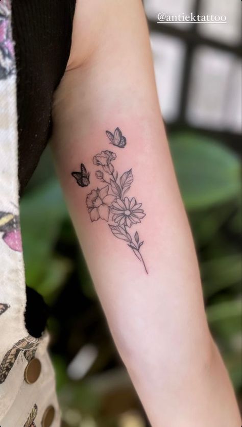 Floral Butterfly Arm Tattoo, Bouquet Of Flowers Tattoo With Butterfly, Floral Tattoo Butterfly, Two Butterflies With Flowers Tattoo, Butterflies On Flowers Tattoo, Buttery And Flower Tattoo, Dainty Feminine Tattoos Arm, April Birth Flower Tattoo With Butterfly, Fine Line Floral Butterfly Tattoo