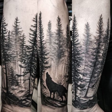 Wolf Scenery, Mountain Sleeve Tattoo, Tattoo Trees, Forest Tattoo Sleeve, Natur Tattoo Arm, Wilderness Tattoo, Scenery Tattoo, Wolf Sleeve, Tree Tattoo Arm