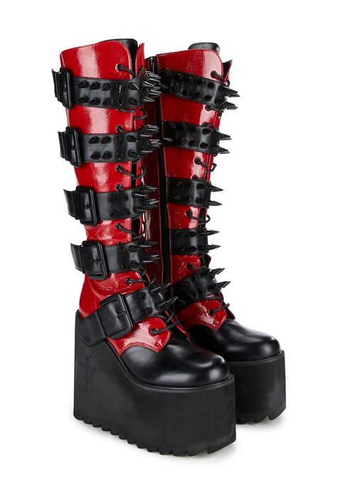 Black And Red High Heels, Spiked Boots, Stile Punk Rock, Witchy Boots, Red Clothing, Goth Shoes, Goth Boots, Gothic Boots, Red Dolls