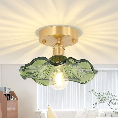 Shenmoyl Semi Flush Mount Ceiling Light, Gold Hallway Vintage Lights Fixture Ceiling with Green Water Lily Glass, Bulb Included, 4.72" Base Modern Ceiling Light Fixtures for Porch Kitchen Bedroom - Amazon.com Gold Hallway, Victorian Light Fixtures, Hallway Vintage, Celing Light, Porch Kitchen, Ceiling Light Covers, Modern Ceiling Light Fixtures, Retro Chandelier, Vintage Lights