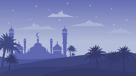 Islamic Mosque Cityscape arabic characters on beautiful silhouette background - Ramadan Kareem. Islamic Thumbnail, Flyers Background, Ramadan Wallpaper, Mosque Illustration, Islamic Background Vector, Religious Background, Flat Landscape, Wallpaper Islamic, Silhouette Background