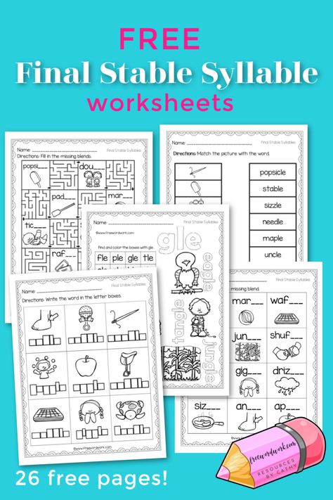 Final Stable Syllable Worksheets - Free Word Work Final Stable Syllable Anchor Chart, Final Stable Syllable Activities Free, Final Stable Syllable, Reading Lab, Syllables Activities, Closed Syllables, Letter Blends, First Grade Worksheets, Teacher Activities