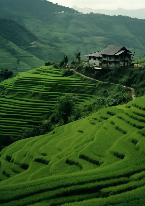 A secluded house overlooks the sweeping green rice terraces carved into the hillside, a testament to the harmonious balance between human cultivation and the beauty of nature. Hindi Project, Green Terrace, Rice Paddies, Rice Paddy, Asian Architecture, Rice Terraces, Asian Clothing, South East Asian, The Terrace