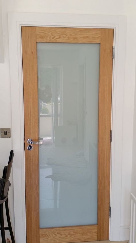 Oak and frosted glass doors by Murphy Larkin Bathroom Door Glass Frosted, Indoor Doors Glass Wood, Glass Door Washroom, Full Glass Entry Door, Frosted Glass Front Door, Door With Frosted Glass Panel, Aluminum Bathroom Door, Frosted Door, Interior Door Ideas