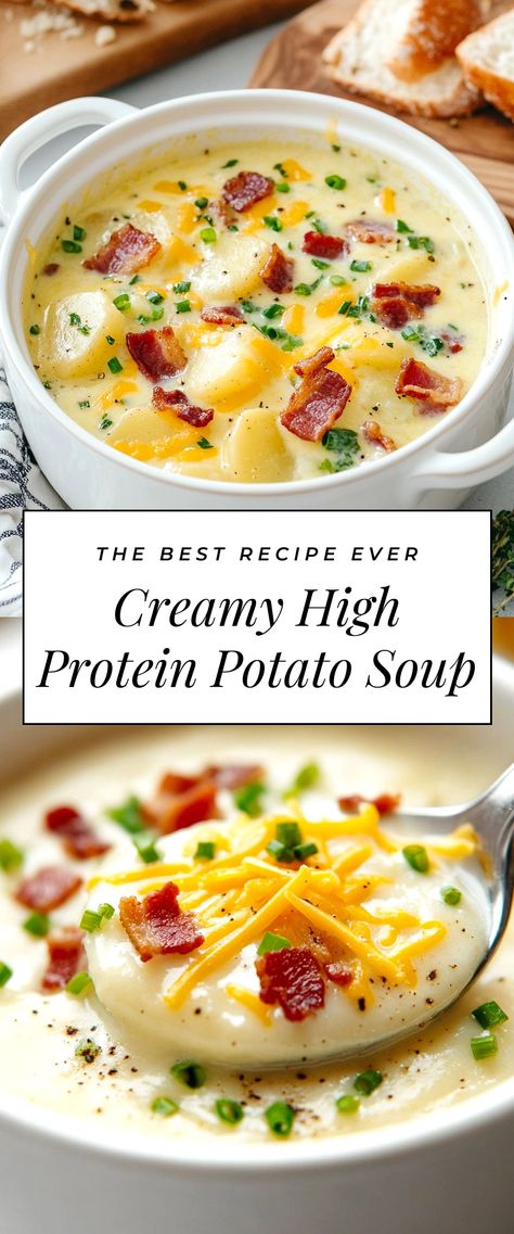 Image for Creamy High Protein Potato Soup Blended Potato Soup Recipe, Healthier Baked Potato Soup, Crockpot Soup High Protein, Protein Puree Recipes, High Protein Baked Potato Soup, Blended Soup Recipes Wisdom Teeth, Liquid Diet Soups, What To Eat With Potato Soup, High Protein Low Fat Soup Recipes