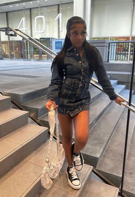 da don. Denim Birthday Outfit Black Women, Navy Blue Outfit Ideas Black Women, Birthday Outfit With Sneakers, Denim Dress Outfit Black Women, Designer Outfits Black Woman, Denim Romper Outfit, Romper Outfit Black, Denim Dress Outfit, Functional Wardrobe