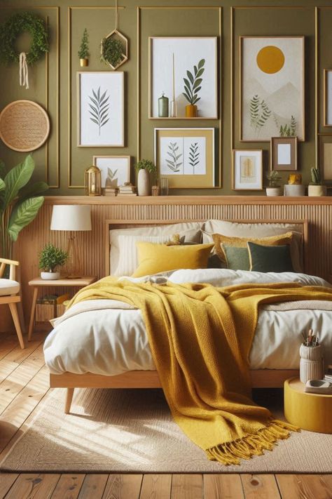 Sage Green Yellow Bedroom, Olive And Gold Bedroom, Bedroom Ideas Mustard, Green And Mustard Bedroom, Yellow And Green Bedroom, Mustard Bedroom Ideas, Mustard Yellow Bedding, Mustard Bedroom, Yellow Kitchen Cabinets