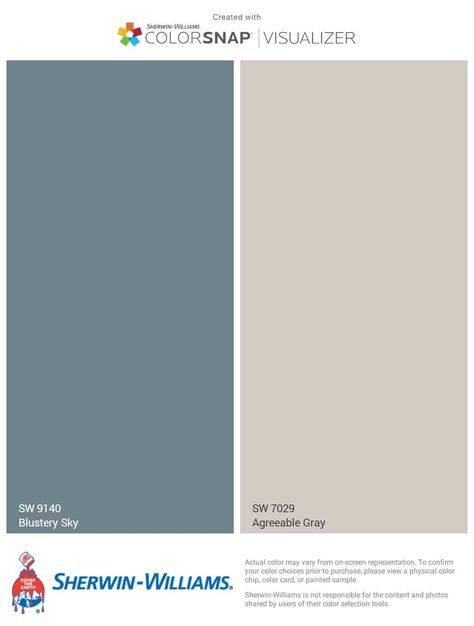 Pale Dusty Blue for House Exterior Doors and Shutter. Greige for House Exterior. Paint Colors by Sherwin-Williams: Blustery Sky and Agreeable Gray Agreeable Grey Color Scheme, Gray Living Room Paint Colors, Grey Paint Living Room, Exterior House Doors, Mountain Drive, Door Paint, Agreeable Gray, Sherwin Williams Paint Colors, Exterior Paint Colors For House