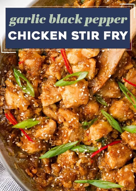 Garlic Black Pepper Chicken Stir Fry - The Chunky Chef Black Pepper Chicken, Spicy Chicken Recipes, Sheet Pan Dinners Recipes, Asian Inspired Dishes, Chicken Stir Fry, Chicken Stuffed Peppers, Grandmas Recipes, Chicken Main Dishes, Chicken Dishes Recipes