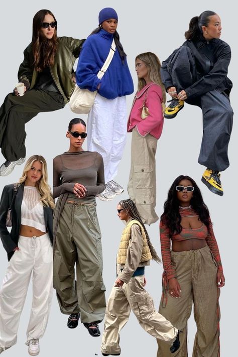 Zip Off Pants Outfit, Parachute Pants Outfit 2023, Cargo Balloon Pants Outfit, Parachute Pants Women Outfit, Wind Breaker Pants Outfits, 90s Parachute Pants Outfit, Trash Bag Pants Outfit, Parachute Pants Outfit Spring, Winter Parachute Pants Outfit