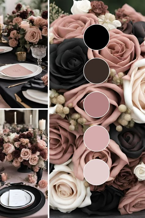 Blush Fall Wedding Colors, Black With Pink Wedding, Black Mauve Wedding, Mauve And Black Color Palette, Fall Wedding Colors October Blush Pink, Fall Wedding Ideas Black, Modern Wedding Themes Color Palettes, Unique Summer Wedding Colors, Dark Floral Color Palette