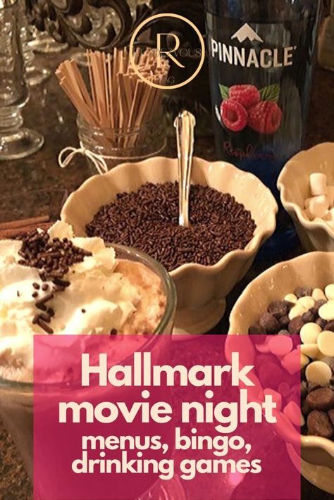 Hallmark Bingo, Girls Night In Activities, Girls Night Food Ideas, Night In Activities, Girls Night Food, Movie Watching Party, Girls Night In Food, Movie Bingo, Movie Drinking Games