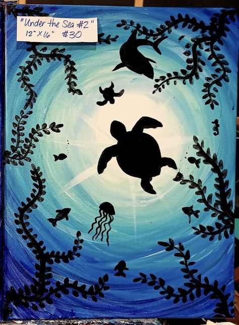 Underwater Silhouette Painting, Under The Ocean Art, Value Art Projects Elementary, Under The Sea Painting Easy, Under The Sea Art For Kids, Under The Water Drawing, Under The Ocean Painting, Underwater Painting Easy, Ocean Drawing Underwater