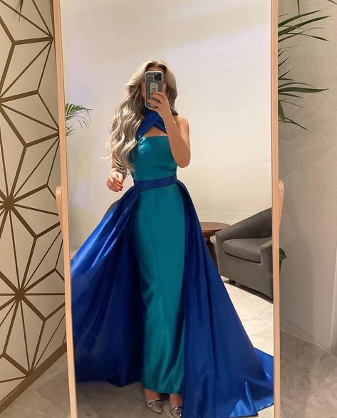 SF012 Arabic Royal Blue Contrast Turquoise Evening Dress with Overskirt Criss Cross Halter Women Wedding Party Dress Criss Cross Halter Top, Satin Evening Dresses, Blue Evening Dresses, Wedding Party Dress, Prom Dress Inspiration, فستان سهرة, Virtual Stylist, Dubai Fashion, Abaya Fashion