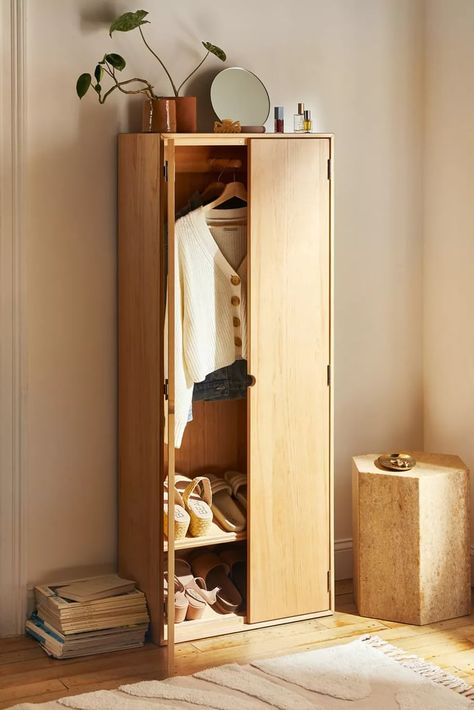 A Slim Wardrobe: Gillian Tall Storage Cabinet Wardrobe Storage Ideas, Shelf For Shoes, Bathroom Furniture Design, Small Space Furniture, Tall Storage Cabinet, Bathroom Furniture Storage, Shoe Shelves, Small Wardrobe, Vinyl Record Storage